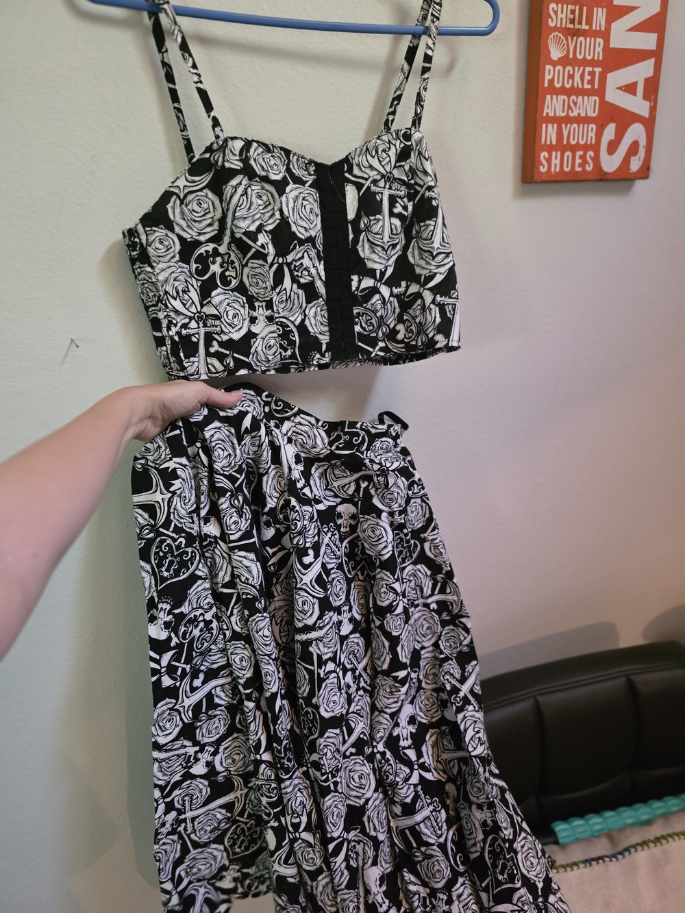 Hell Bunny Black and White Rose Print Two-Piece Dress Set
